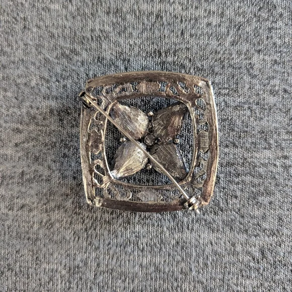 3 for $30 | Vintage Art Deco Square Brooch with Blue and Aqua Rhinestones - Picture 2 of 2